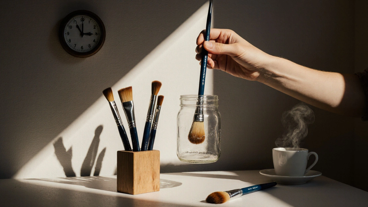 Štětce visí špičkou dolů v sklenici, symbolizující správné sušení.