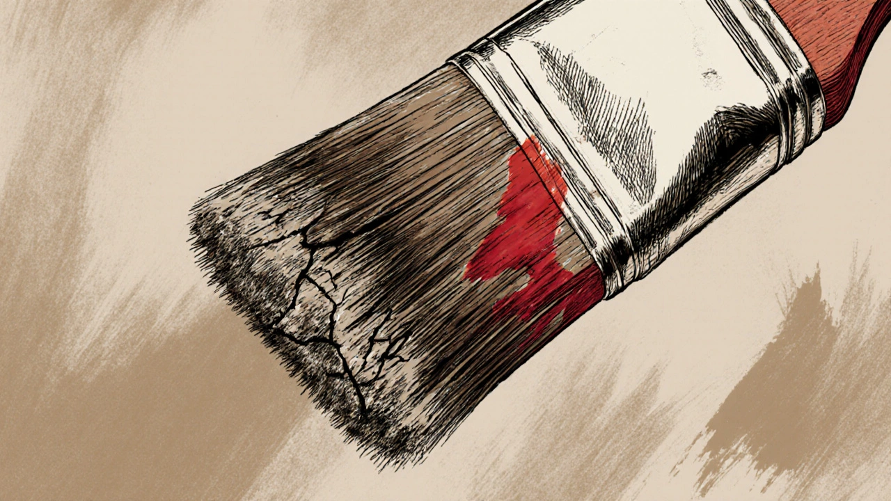 Zatvrdlý štětec s rozpadlými vlákny vedle čistého, elastického štětce.