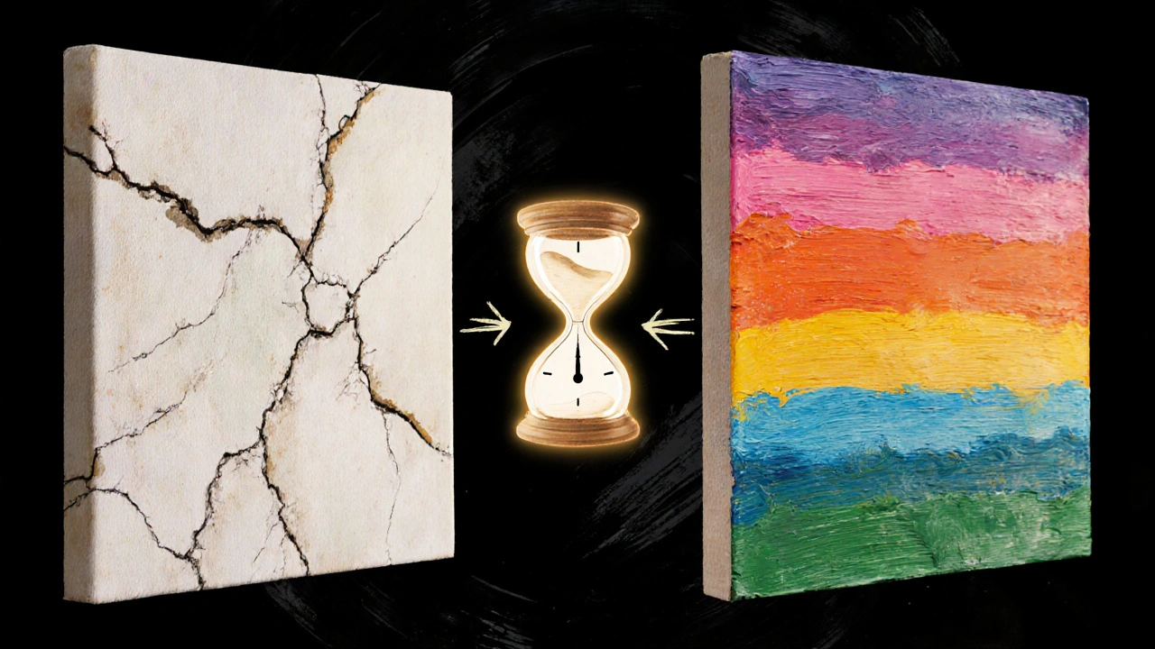 Porovnání poškozeného a správně připraveného plátna s hodinami čekání.