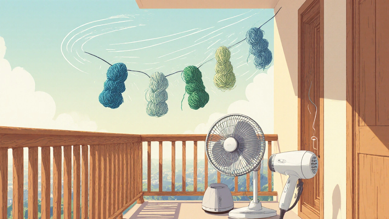 Větrná balkónová scéna s visícími špasy a malým ventilátorem.